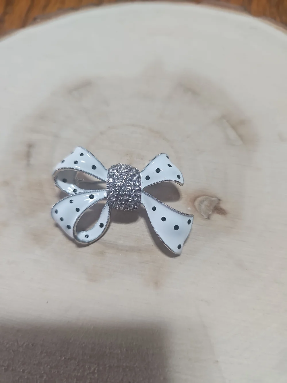 White Polka Dot Bow Hair Clip with Rhinestone Center - Kids Accessories